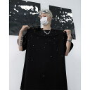 Tシャツ メンズ レディース 肩パッド入り ヘビーウェイト 半袖 アメリカン ストリートスタイル ハンドメイド メタルパール デザイン性 クルーネック ゆったり オーバーサイズ パフスリーブ 伸縮性 ブラック 春夏