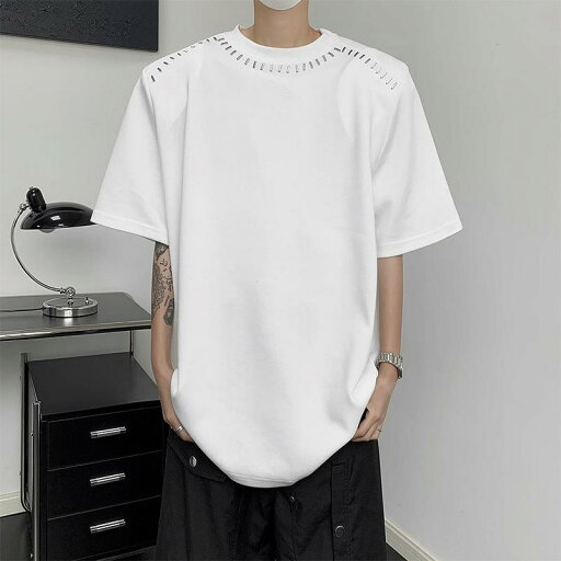 Tシャツ メンズ 半袖 クルーネック ルーズフィット ゆったり 綿 切り替えデザイン 個性派 肩ステッチ 春夏 普段使い カジュアル ホワイト ブラック Tシャツ メンズ 半袖 クルーネック ルーズフィット ゆったり 綿 切り替えデザイン 個性派 肩ステッチ 春夏 普段使い カジュアル ホワイト ブラック