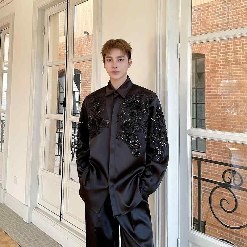 シャツ メンズ 春夏 ジャガード 立体 スパンコール刺繍 襟付き 長袖 裏起毛 オーバーサイズ リネン ス..