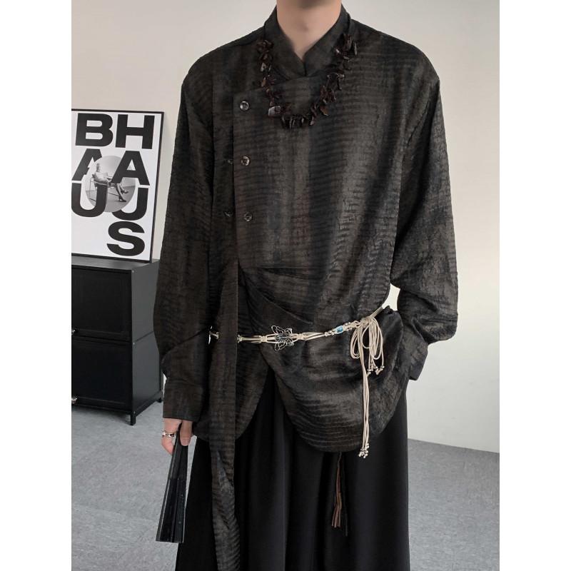 メンズ シャツ ユニセックス 男女兼用 新チャイナ風 タイダイ染め 長袖 リボンタイ ボウタイ スタンド..