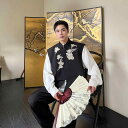 ベスト メンズ チャイナ風 レトロ 刺繡 花柄 裏起毛 防寒 暖かい ストレートシルエット ビジネス カジュアル オフィス 普段使い ブラック 秋冬 ジレ 混紡素材