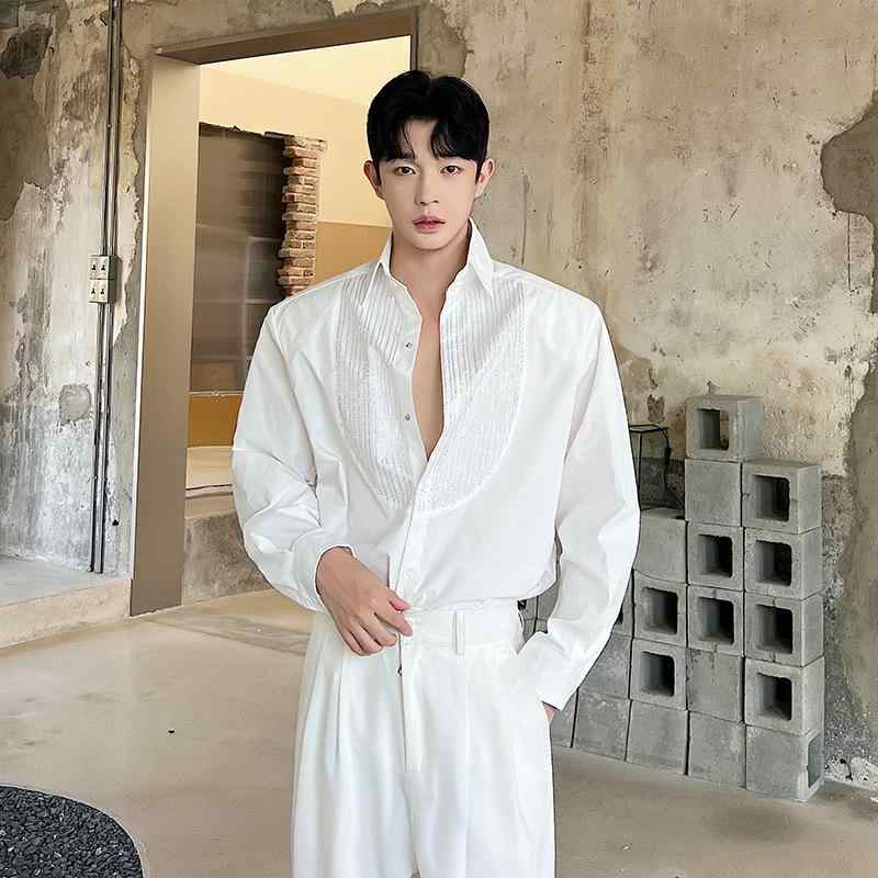 ドレスシャツ メンズ フォーマル ラインストーン 裏起毛 七分袖 スリムフィット ストレッチ 高級感 韓..