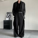 スラックス メンズ 長身用 秋冬 レトロ 和モダン 個性派 ギャザー 切り替え ワイドレッグ フルレングス 裾たまり 裏起毛 ノンストレッチ ノーアイロン ブラック コーヒーブラウン(x2)