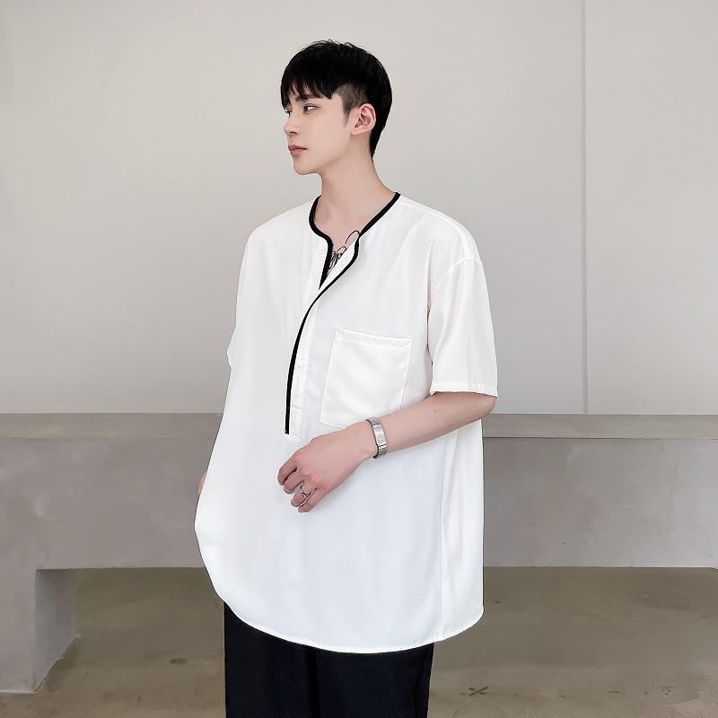 メンズ シャツ 半袖 丸首 クルーネック パフスリーブ ゆったり ルーズフィット バイカラー 配色 パイピング レトロ ヴィンテージ カジュアル シンプル 大人カジュアル シェニール 伸縮性 ホワイト ブラック 春夏(x2)