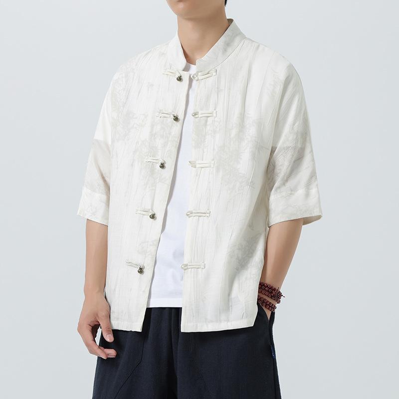 メンズ シャツ レディース 春夏 薄手 接触冷感 スタンドカラー 半袖 パフスリーブ ナイロン レーヨン混 通気性 きれいめ 大人カジュアル オフィス ダークグレー ホワイト