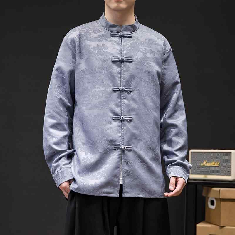 メンズ シャツ レディース 長袖 厚手 飾りボタン カジュアル 織り柄 無地 ゆったり スタンドカラー パフスリーブ シェニール素材 イージーケア 上品 大人カジュアル 秋 ブラック オレンジ グレー(x2)