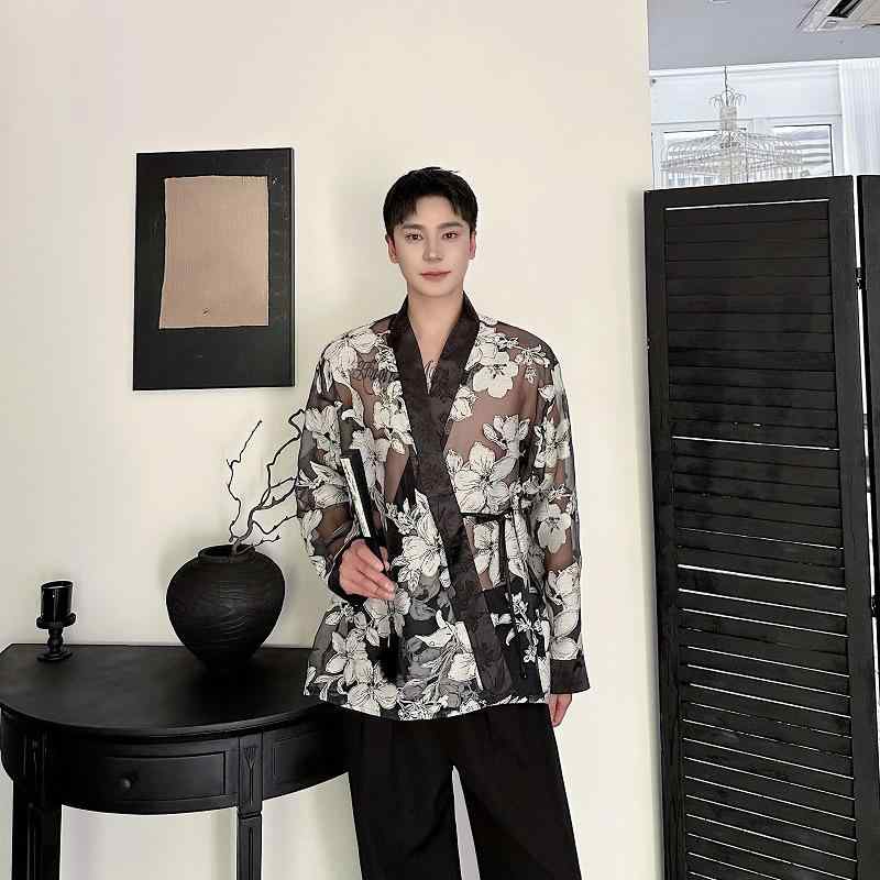 メンズ シャツ ユニセックス 春夏 オーガンジー ジャカード 禅風 紐付き 長袖 レトロ カジュアル UVカット ブラウス ゆったり ルーズシルエット パフスリーブ トレンド