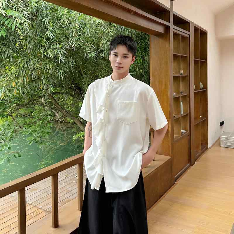 ブラウス レディース 半袖 スタンドカラー アシンメトリー フリル パフスリーブ ゆったり ルーズフィット ダーク系 エレガント きれいめ シェニール スパンデックス 春夏 ホワイト ブラック