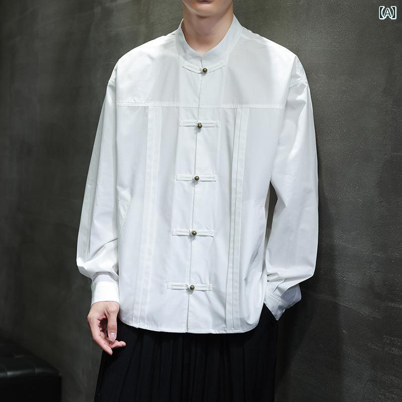 メンズ シャツ レディース 新チャイナスタイル スタンドカラー 立ち襟 チャイナボタン ブラウス 春秋 ゆったり パフスリーブ シェニール 伸縮性 シワになりにくい エレガント 上品 ホワイト ブラック