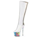 ファッションブーツ レディース 女性用 透明 ロングブーツ 17cm超高ヒール 厚底プラットフォーム PUレザー ポールダンス ナイトクラブ ランウェイ スティレットタイプ ラウンドトゥ サイドジッパー 大きいサイズ(x2)