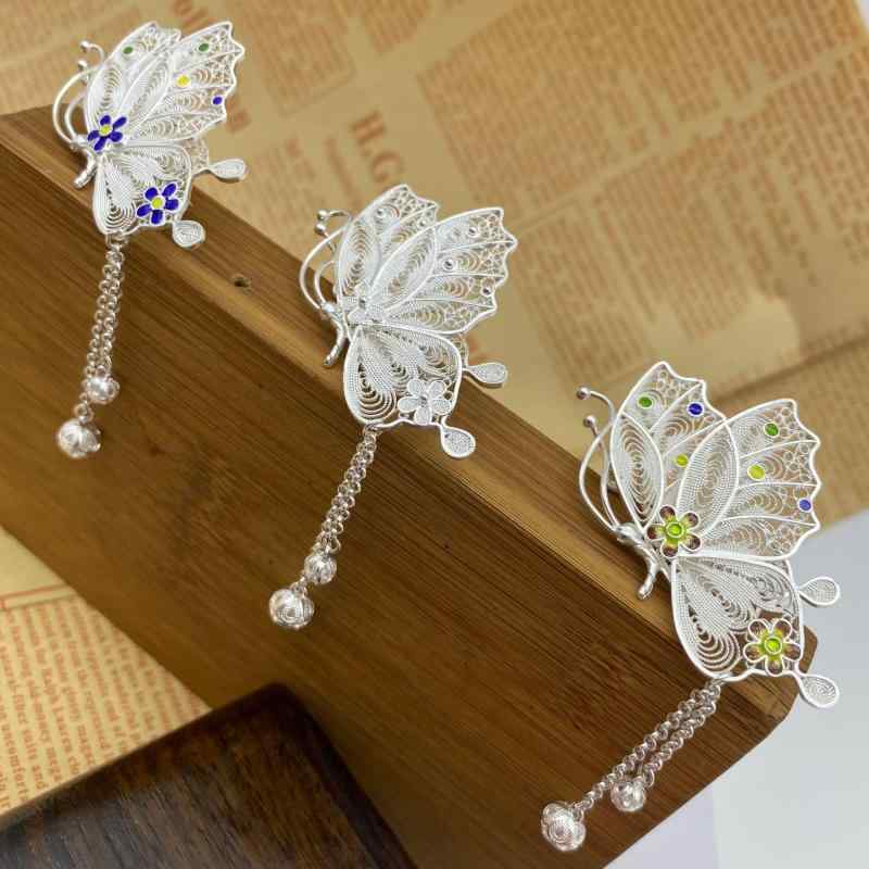 ブローチ レディース 女性用 純銀 七宝焼 蝶々モチーフ エレガント 上品 モダンチャイニーズ レトロ 手作り フォーマル パーティー(4)