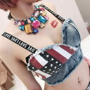 デニム タンクトップ レディース 韓国ファッション ロゴ 英字 セクシー へそ出し ショート丈 クロップド丈 トップス ビーチ リゾート 夏 カジュアル