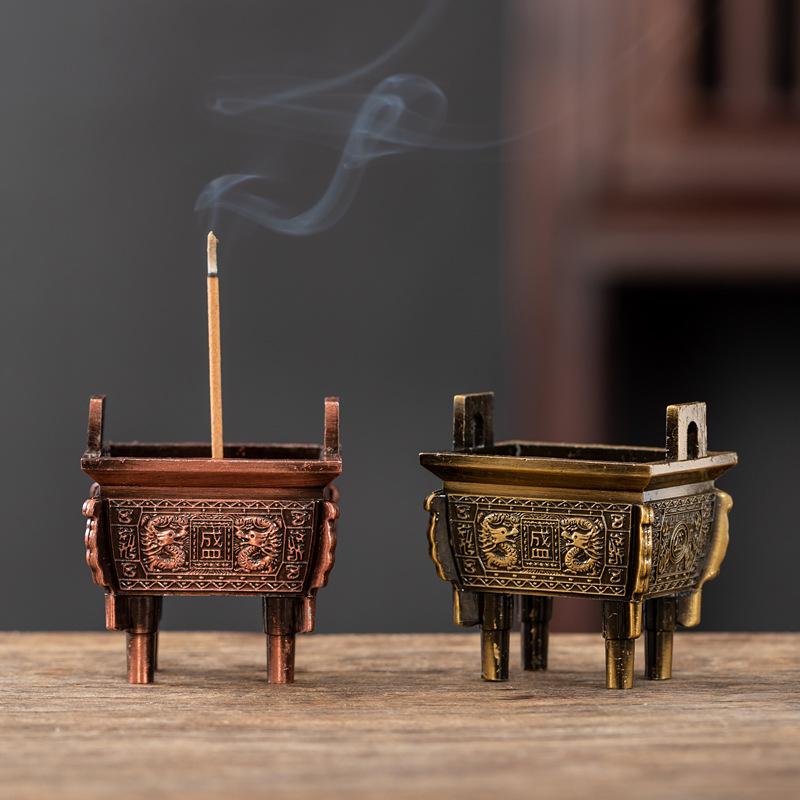 香炉 仏具 小型 ミニ 鼎型 三足 銅合金製 電気メッキ加工 自立式 線香立て お香立て 室内用 家庭用 リビング 玄関 置物 インテリア お供え 供養 青銅色 紅銅色 アンティーク調 中華風