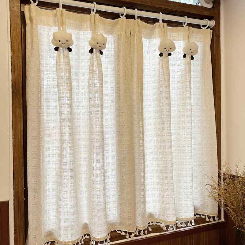 カフェカーテン フレンチスタイル レース シアー 小窓 出窓用 目隠し ショート丈 キッチン カフェ 玄関 間仕切り 棚隠し プライバシー保護 ベージュ