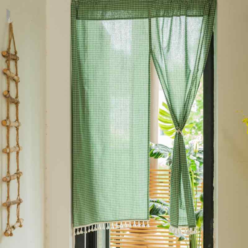 のれん 和風 布製 おしゃれ 間仕切りカーテン キッチン 寝室 リビング 洗面所用 遮光 目隠し 格子柄 ショート丈 ファブリック シンプル ナチュラル
