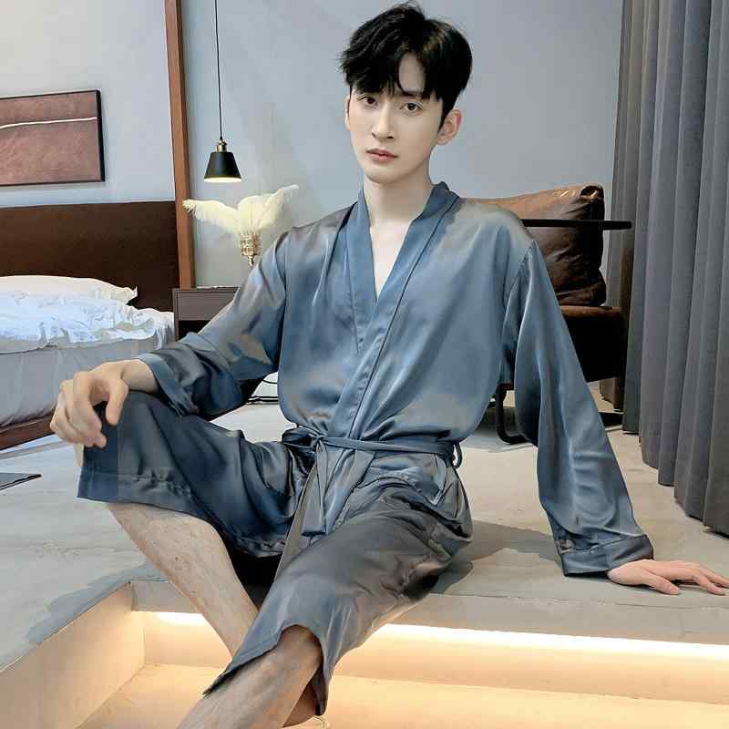 バスローブ メンズ 男性用 接触冷感 薄手 高級感 シルク調 サテン Vネック ガウン ナイトガウン パジャマ ルームウェア 部屋着 湯上り 普段使い 快適 春夏