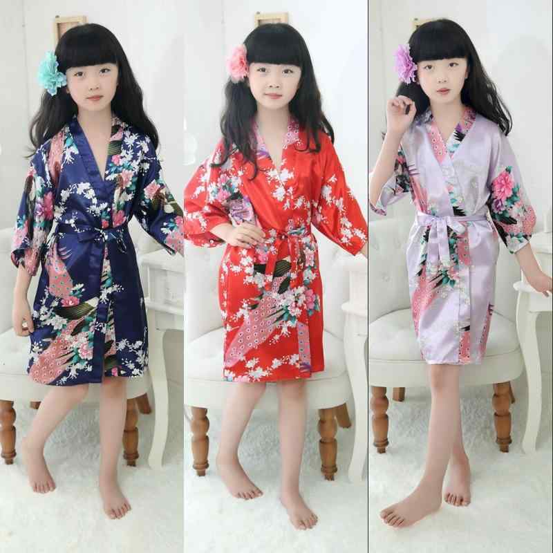 ルームウェア 女の子 キッズ ジュニア 春夏 薄手 前開き バスローブ ガウン 孔雀柄 総柄 ポリエステル ..