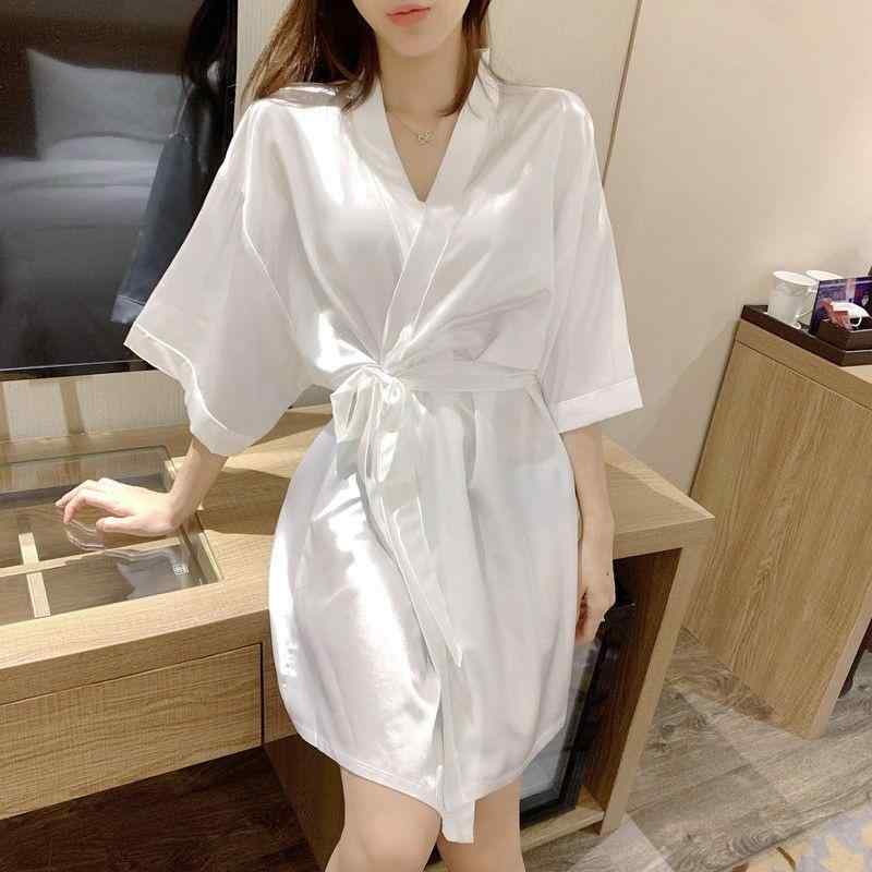 ナイトガウン レディース 春夏 セクシー 接触冷感 薄手 無地 ゆったり サテン ルームウェア 部屋着 バスローブ Vネック 紐ベルト付き 韓国風(x2)