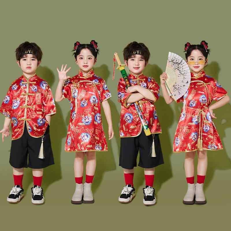 キッズ 男女兼用 パフォーマンスウェア ポリエステル 運動会 発表会 団体 合唱 チアリーディング ダンス衣装 中国風 龍柄