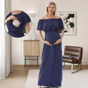 マタニティ ワンピース 夏 フリル オフショルダー 授乳口付き ロング丈 ハイウエスト 切り替え モダール素材 マタニティフォト 撮影用 エレガント きれいめ(...