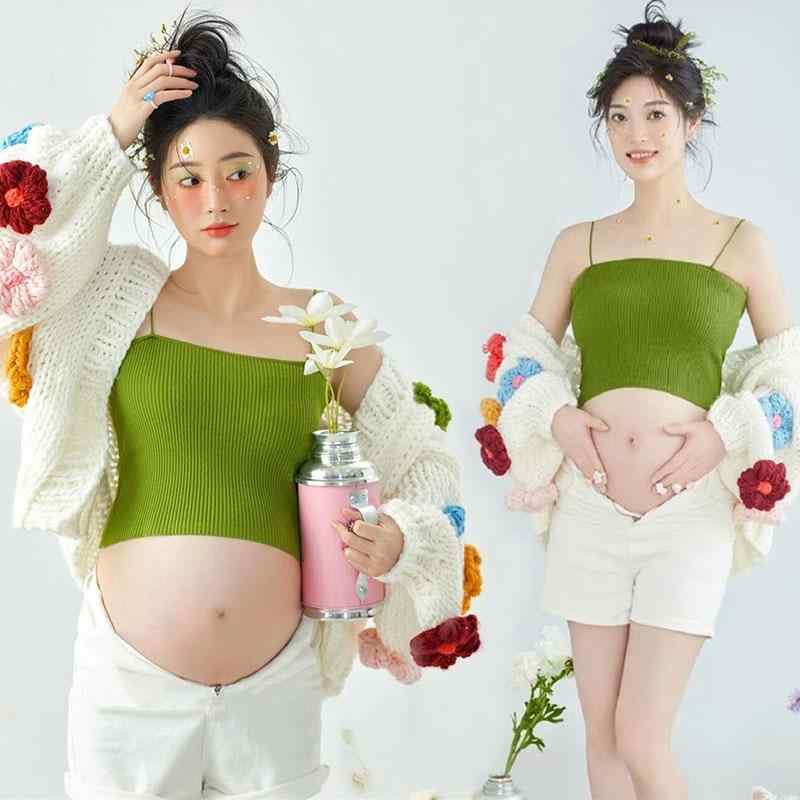 ウェア レディース マタニティフォト 撮影用 ニット キャミソール ショートパンツ セットアップ セクシー ノースリーブ ウール混 ポリエステル 秋冬