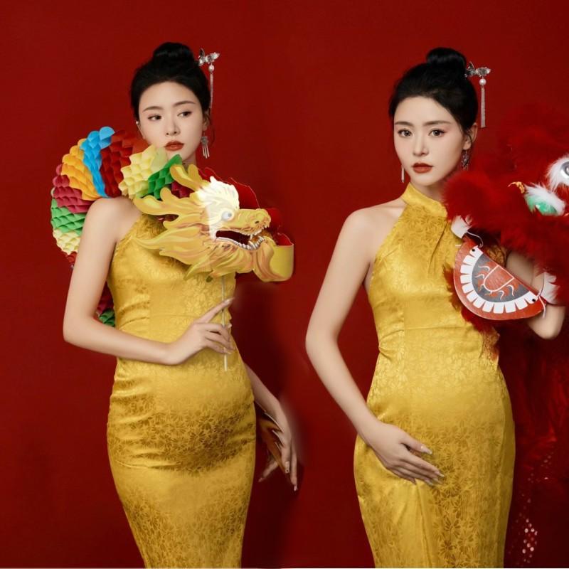 チャイナドレス マタニティ 妊婦用 撮影衣装セット レトロ 中国風 ポリエステル ノースリーブ ミドル丈 春夏 フリーサイズ 芸術的