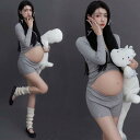 マタニティフォト用 撮影 衣装 セット 春夏 セクシー ナチュラル スリムフィット タイト ニット ロングスリーブ ショートパンツ ポリエステル 伸縮性 トップス ボトムス ソックス レトロモダン プレママ記念