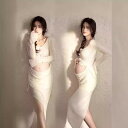 マタニティフォトドレス 妊婦 ママ向け スタジオ撮影 記念写真 韓国風 ロング丈 ノースリーブ ポリエステル