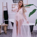 ワンピース マタニティ セクシー フォト撮影 ロング丈 シアー ソフトメッシュ チュール ビーズ装飾 ウエストリボン ラウンドネック 長袖 フレアスカート エレガント 上品 ホワイト