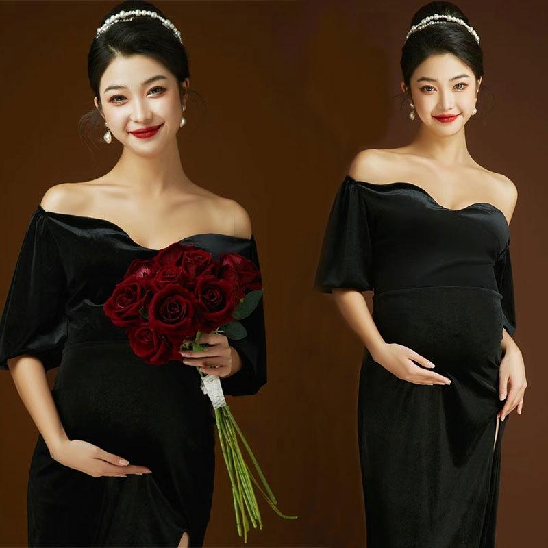 マタニティドレス 撮影用 スタジオ撮影 記念写真 ポートレート ブラック ベロア 細見え 体型カバー エレガント モダン 上品 七分袖 ミディ丈 春夏 ワンピース