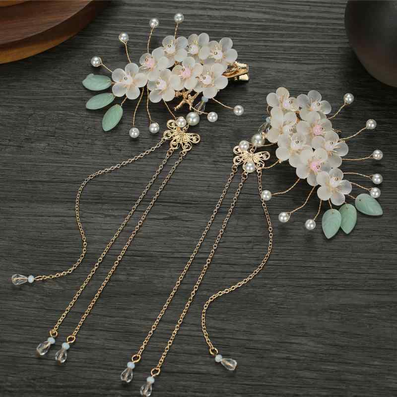 髪飾り レディース 漢服 古風 かんざし ヘアクリップ 琉璃ガラス タッセル 揺れる 花柄 華やか 優雅 エスニック ハンドメイド 2個セット