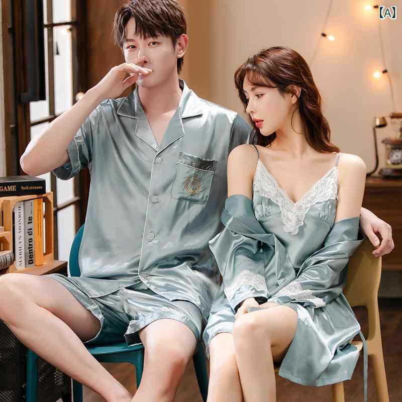 パジャマ ルームウェア カップル ペア 接触冷感 半袖 ショートパンツ ガウン ワンピース 2点セット セットアップ 薄手 通気性 快適 ポリエステル 春夏 外出可能 ワンマイルウェア