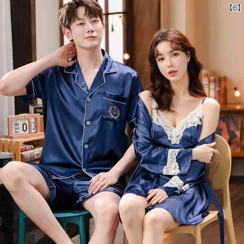 パジャマ ルームウェア カップル ペア 接触冷感 半袖 ショートパンツ ガウン ワンピース 2点セット セットアップ 薄手 通気性 快適 ポリエステル 春夏 外出可能 ワンマイルウェア