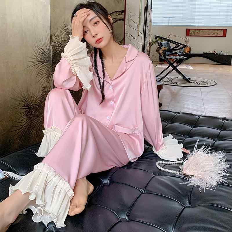 パジャマ レディース 春夏 接触冷感 シルクタッチ 薄手 ルームウェア 部屋着 開襟 前開き 長袖 長ズボン 上下セット セットアップ ナイトウェア ひんやり 快適 おうち時間 リラックス