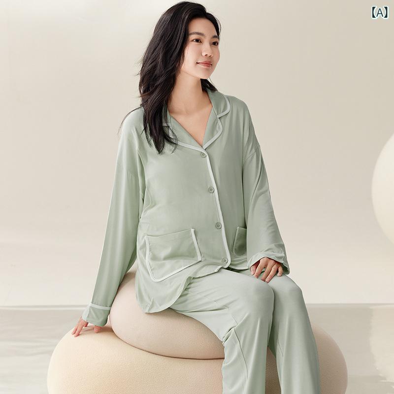 マタニティ パジャマ レディース 妊婦 産後 授乳服 ルームウェア モダール 再生繊維 長袖 長ズボン 上下セット 前開き 春 秋 冬(x2)