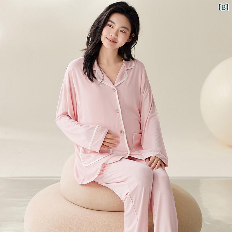 マタニティ パジャマ レディース 妊婦 産後 授乳服 ルームウェア モダール 再生繊維 長袖 長ズボン 上下セット 前開き 春 秋 冬(x2)