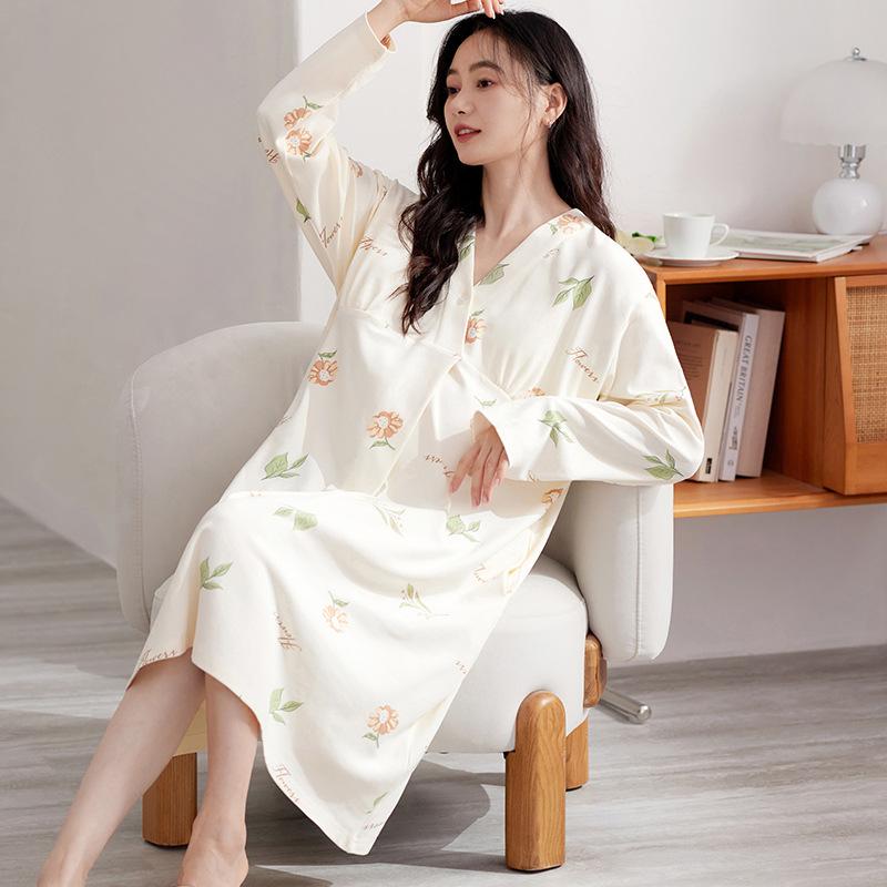 ルームウェア マタニティ 産後 レディース 着物風 ナイトワンピース カップ付き Vネック 長袖 ロング丈..