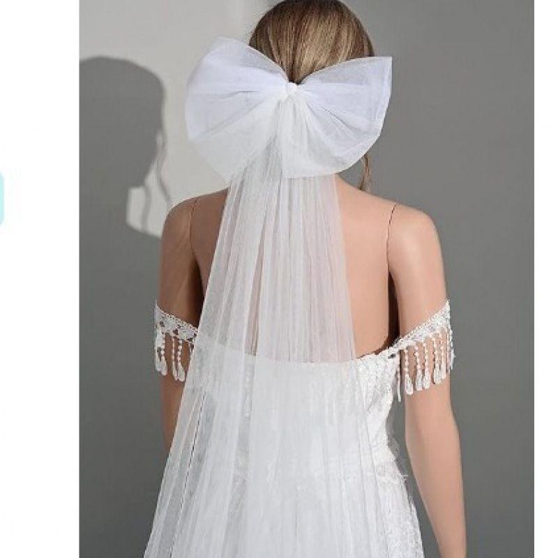 ウェディングベール レディース ロング丈 トレーン チャペル式 一層 チュール リボン付き ホワイト ア..