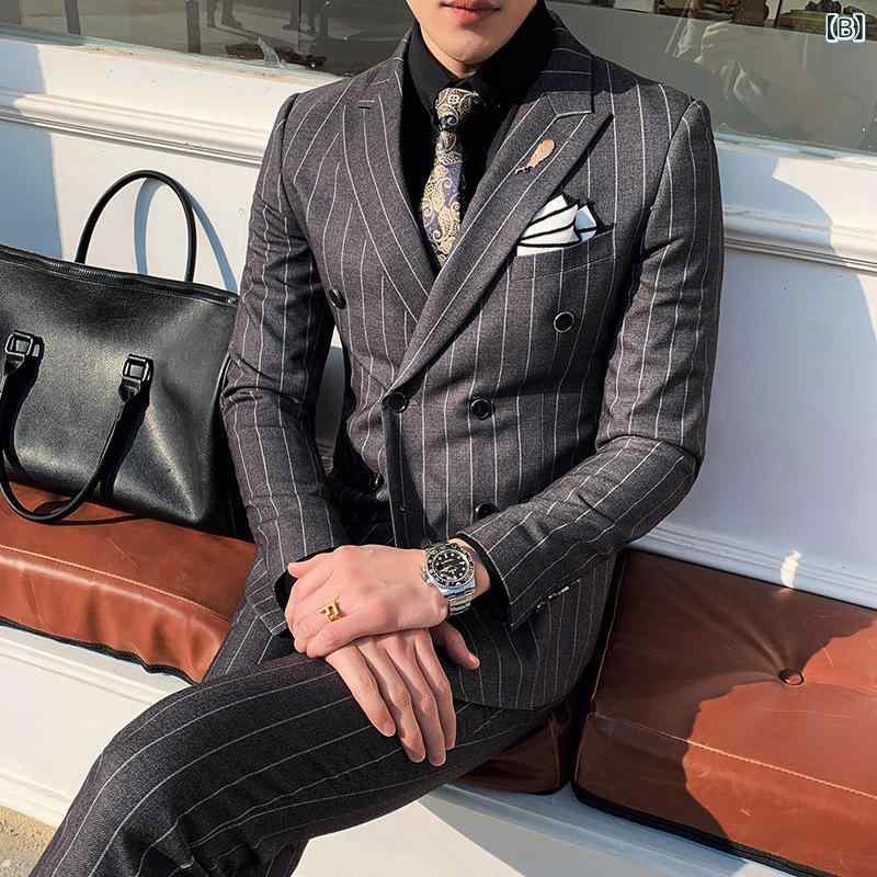 スーツ メンズ スリーピース ダブルブレスト ストライプ柄 スリムフィット ビジネス カジュアル ブラック グレー ネイビー 通勤 オフィス フォーマル 結婚式 パーティー 紳士 セットアップ