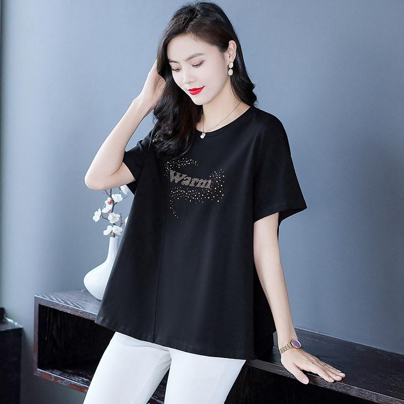 シャツ レディース 春夏 ゆったり ビッグシルエット 大きいサイズ ラインストーンプリント 綿 コットン 吸汗速乾 通気性 涼しい 半袖 クルーネック カジュアル 普段使い 体型カバー