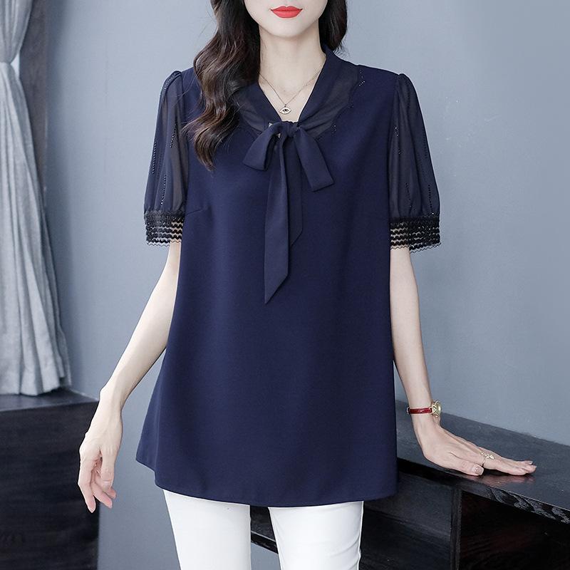 ブラウス レディース 大きいサイズ ミセス 春夏 半袖 薄手 シフォン レース リボン ドット柄 ピーターパンカラー ゆったり 上品 エレガント きれいめ ブラック