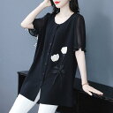 シフォン ブラウス レディース 大きいサイズ 体型カバー 春夏 レース 半袖 ゆったり Vネック フリル プリーツ ミセス ブラック ポリエステル素材 通勤 オフィス カジュアル 着回し(4)