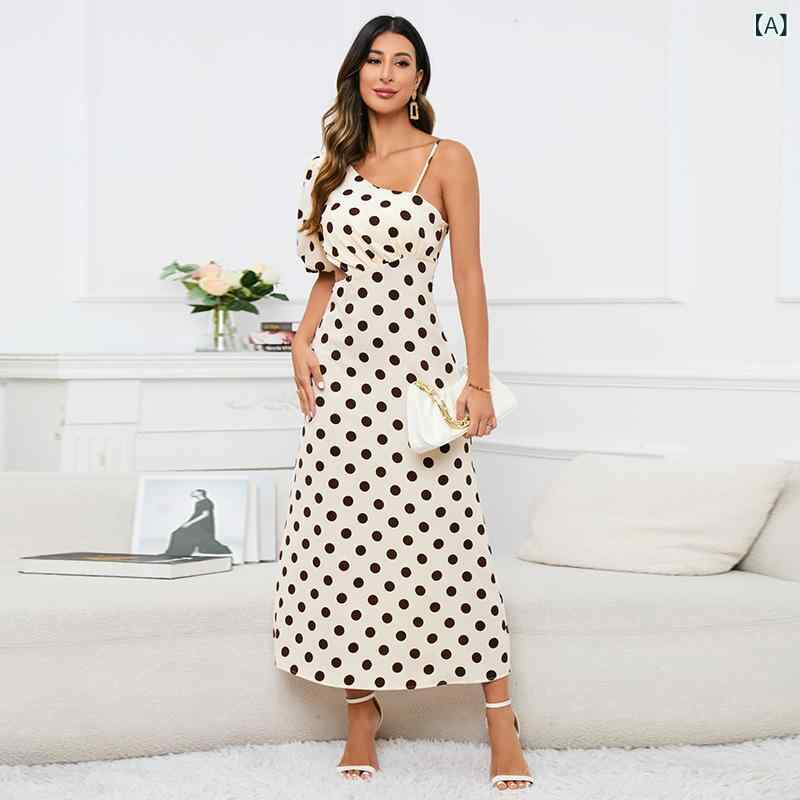ワンピース レディース 高級感 フレンチ ボヘミアン 白黒 ドット柄 プリント オフショルダー キャミソール カットアウト バックオープン ハイウエスト パフスリーブ イレギュラーヘム ミディ丈 ポリエステル 春夏