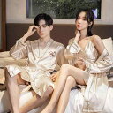 パジャマ ペア カップル ルームウェア 春夏秋 薄手 快適 セクシー シルク調 ポリエステル ローブ ショートパンツ キャミソールワンピース 2点セット 刺繍 ...