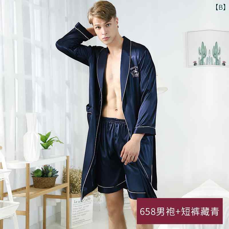 ルームウェア メンズ パジャマ 接触冷感 シルク風 サテン調 ショールカラー バスローブ ガウン 長袖 ショートパンツ 薄手 軽量 セットアップ 部屋着 ナイトウェア 春夏 ホテル ワインレッド ネイビー グレー