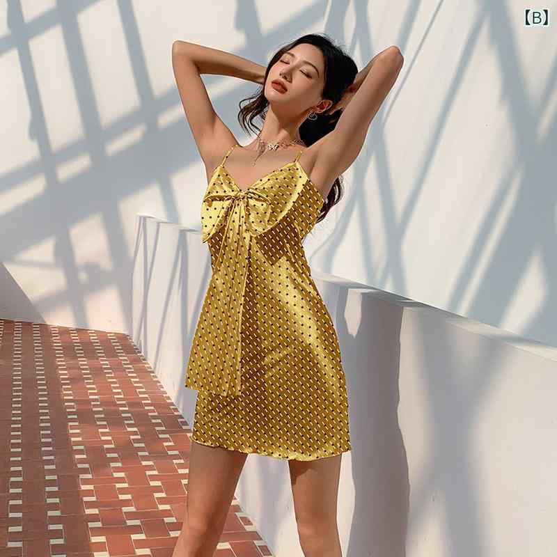ルームワンピース レディース 接触冷感 春夏 キャミソール セクシー ナイトウェア かわいい リボン 純欲スタイル 薄手 通気性 快適 ポリエステル シルク調 部屋着 おうち時間