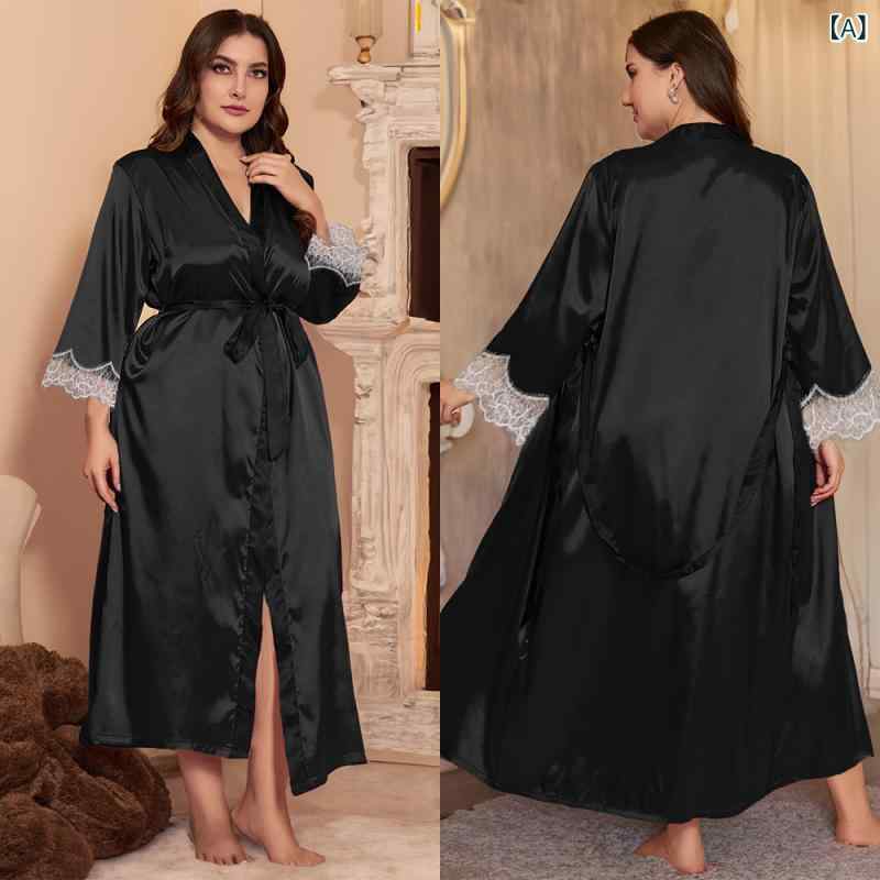 ルームウェア レディース パジャマ ナイトガウン ロング丈 エレガント 華やか Vネック 長袖 接触冷感 薄手 大きいサイズ ゆったり ポリエステル サテン調 光沢 ブラック ワインレッド 春夏