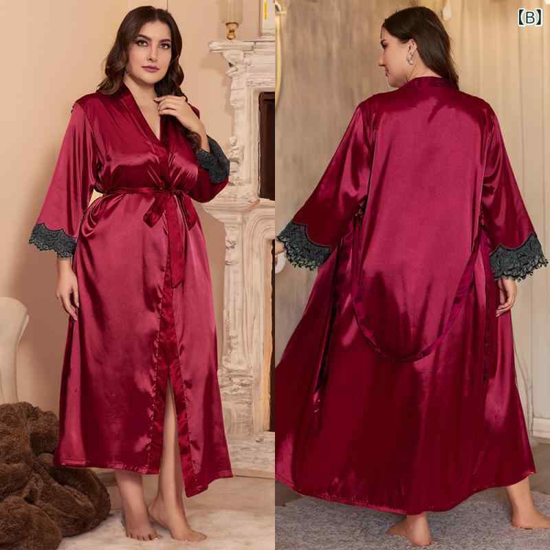 ルームウェア レディース パジャマ ナイトガウン ロング丈 エレガント 華やか Vネック 長袖 接触冷感 薄手 大きいサイズ ゆったり ポリエステル サテン調 光沢 ブラック ワインレッド 春夏