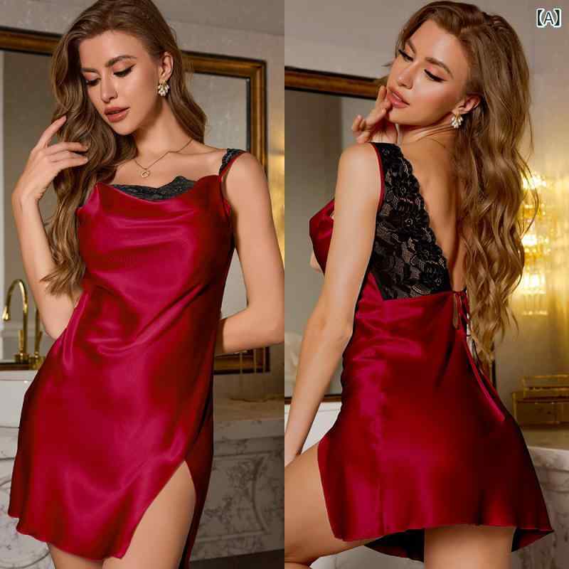 ネグリジェ レディース セクシー ナイトドレス スリップ ルームウェア 再生繊維 キャミソール レース ショート丈 ノースリーブ 薄手 高級感 ポリエステル 快適 ワインレッド ブラック ホワイト