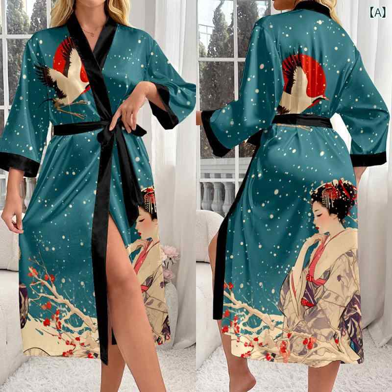 ルームウェア レディース レトロ 浮世絵 和風 和柄 プリント 白鶴柄 芸妓柄 和服スタイル Vネック 接触冷感 シルク調 薄手 軽量 ナイトガウン リラックスウェア 春夏秋